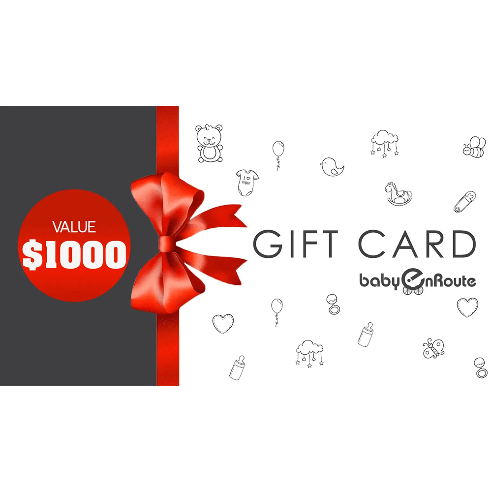 Baby Enroute Gift Card, $1000 value, red satin bow across a dark panel with playful baby doodles.