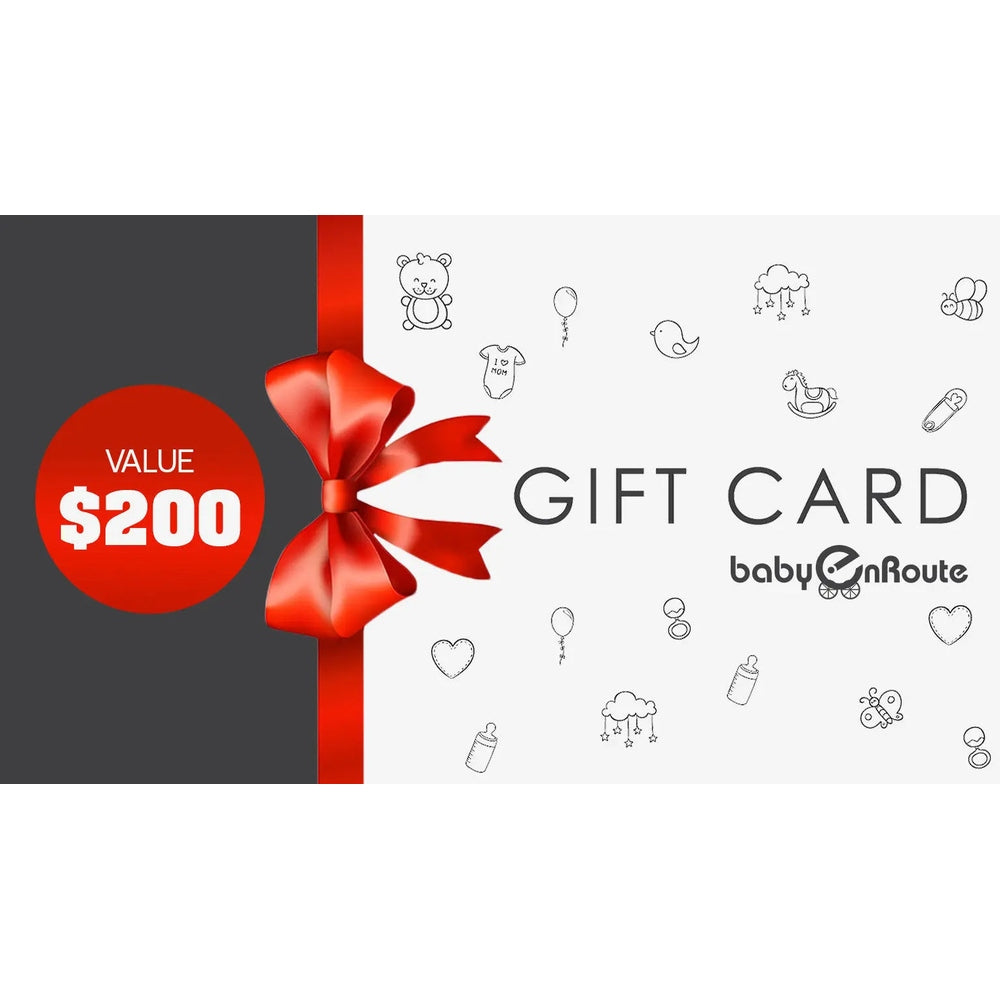 Baby Enroute Gift Card, $200 value, wrapped in a vivid red ribbon on a dark panel.