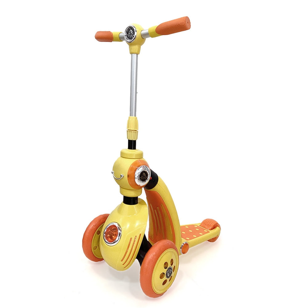 Baby Idol 2-in-1 ride-on scooter by BABY IDOL, yellow with orange wheels and grips