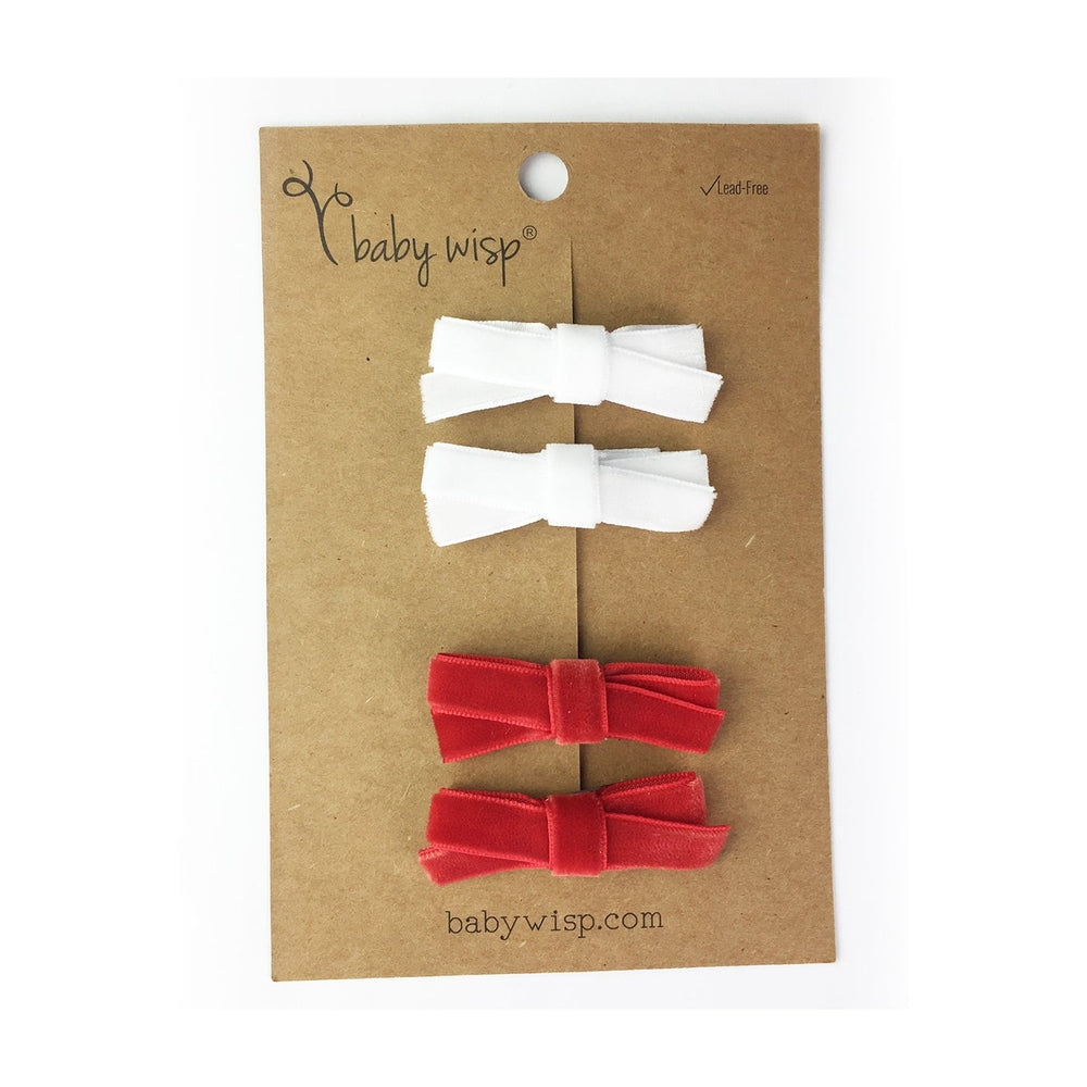 Baby Wisp Velvet Hand Tied Bows 4 Pack Red And White