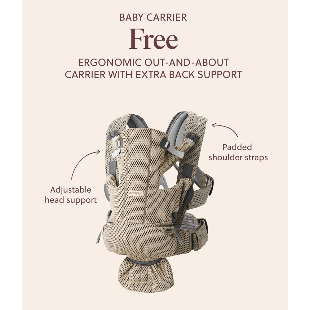 BabyBjörn Baby Carrier Free beige with adjustable head support and padded shoulder straps being worn.