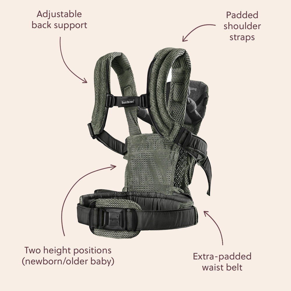 BabyBjörn Baby Carrier Harmony worn on a person, showing back support, padded straps, two height positions, waist belt.
