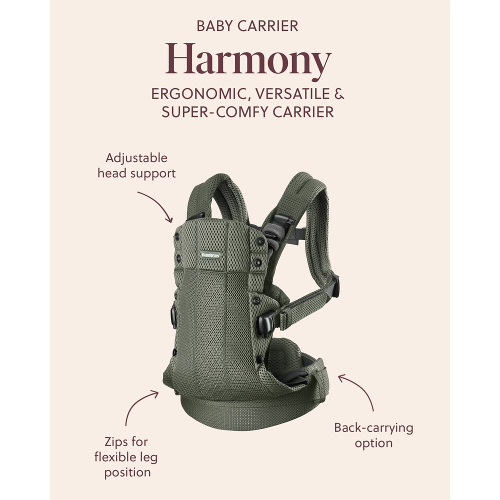 BabyBjörn Harmony Baby Carrier in olive green, showing adjustable head support and back-carry option.