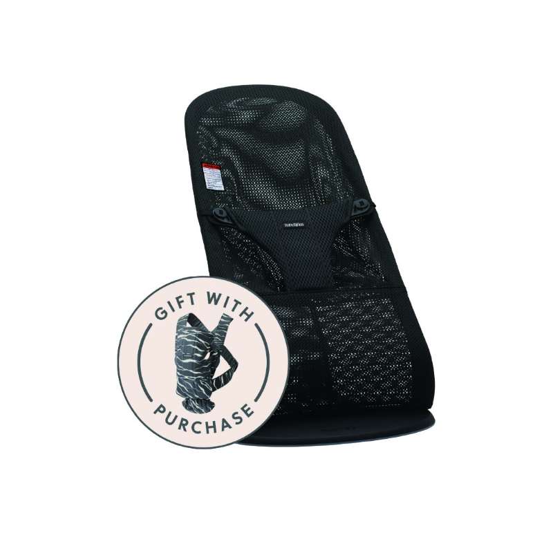 BabyBjörn Bouncer Bliss Black Mesh bundle with gift sticker, showcasing a black mesh infant bouncer.