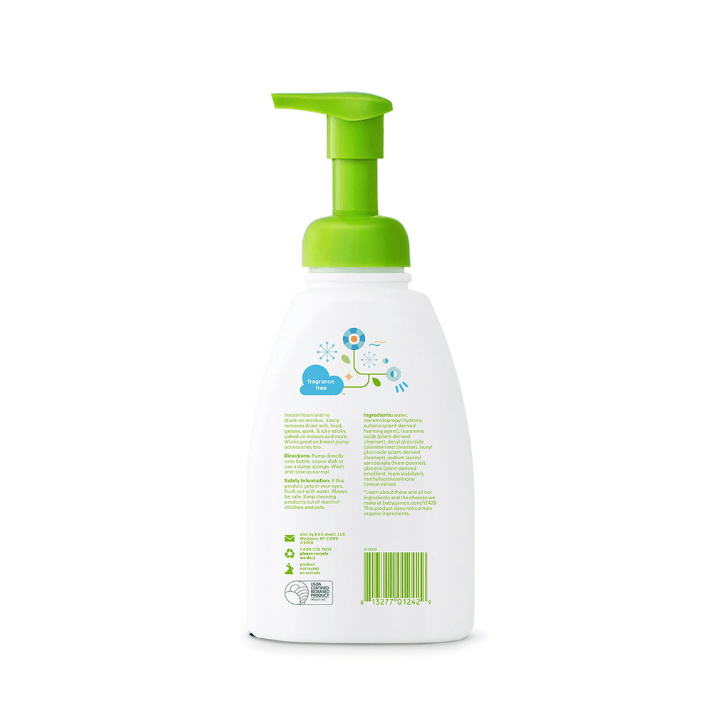 Babyganics Foam Dish & Bottle Soap Frag Free, white bottle with green pump being pressed.