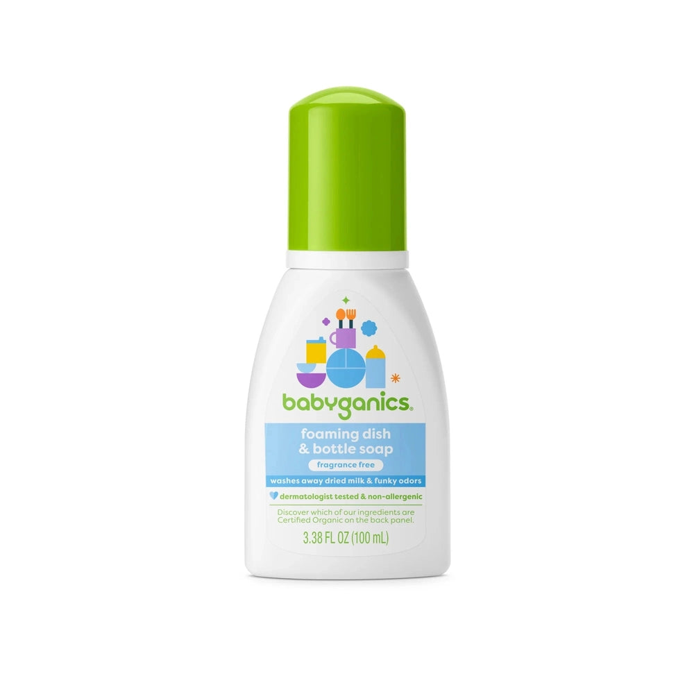 Babyganics foam dish and bottle soap, fragrance-free, 3.38 oz bottle with bright green cap