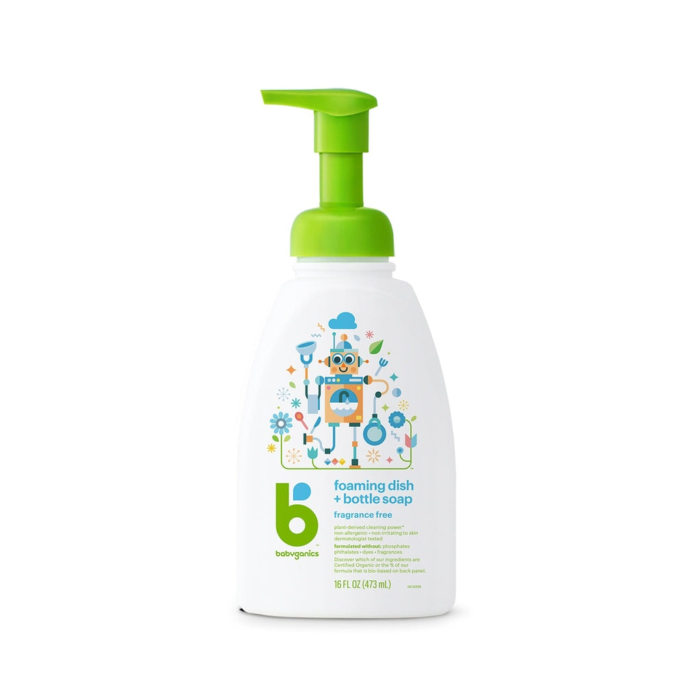 Babyganics Foam Dish & Bottle Soap Frag Free bottle with bright green pump and playful robot graphic.