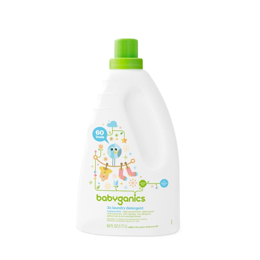 Babyganics laundry detergent 60 oz fragrance-free bottle with green cap and 60 loads