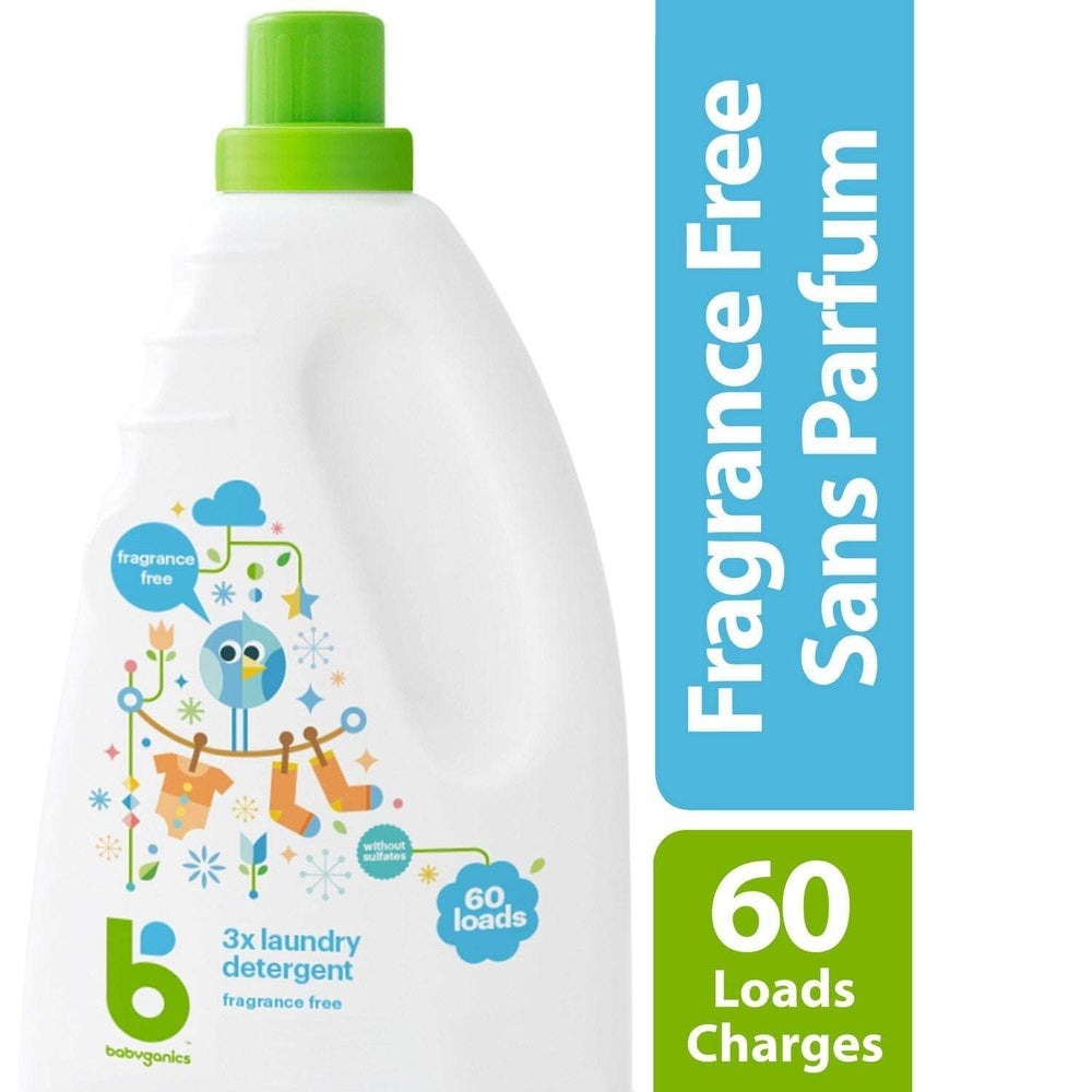 Babyganics fragrance-free laundry detergent bottle with green cap, 60 loads