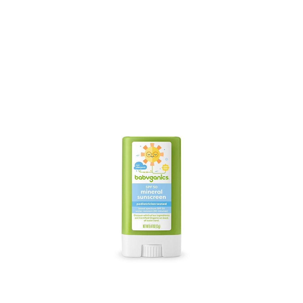 Babyganics Mineral Sunscreen Stick SPF50 in a green tube with white cap
