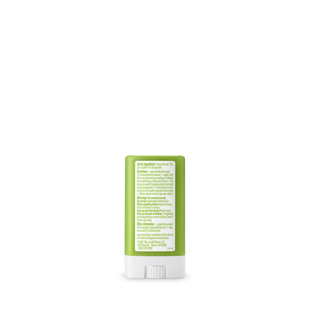 Babyganics Mineral Sunscreen Stick SPF50 in a bright green tube with white cap