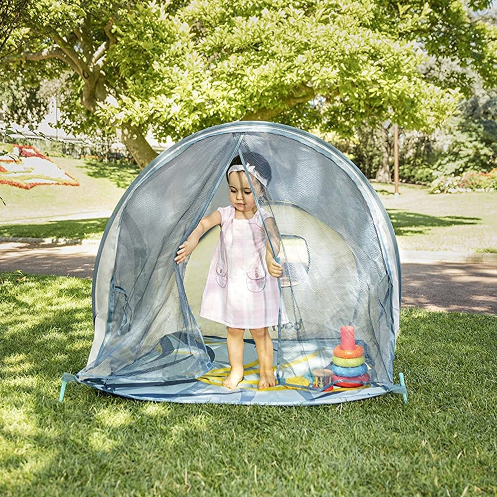 Babymoov Anti-UV Tropical Pop Up Tent; blue mesh sun shelter for kids in backyard