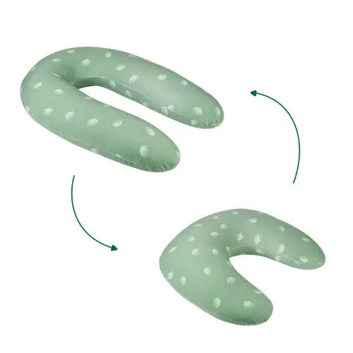 Babymoov B.Love 2-In-1 Pillow nursing pillow in green with white polka dots shown in two positions for versatile use.
