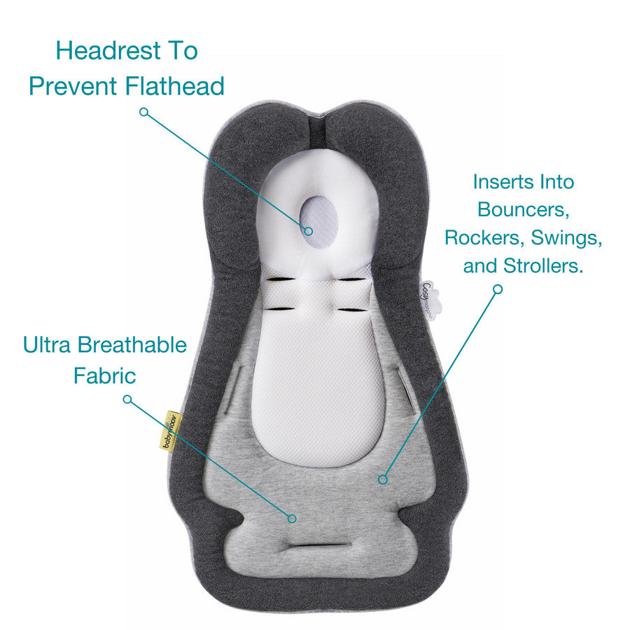 Babymoov Cozymorpho Smokey headrest insert in ultra breathable fabric to prevent flathead; fits bouncers, rockers, swings, and strollers.