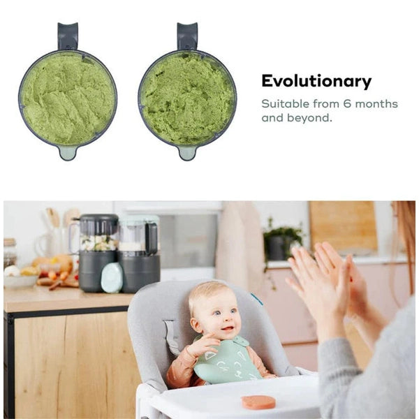 Babymoov Duo Meal Lite baby food maker with two blending cups and green puree
