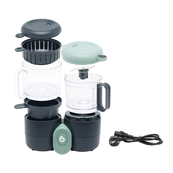 Babymoov Duo Meal Lite baby food maker with stacked jars and green control button