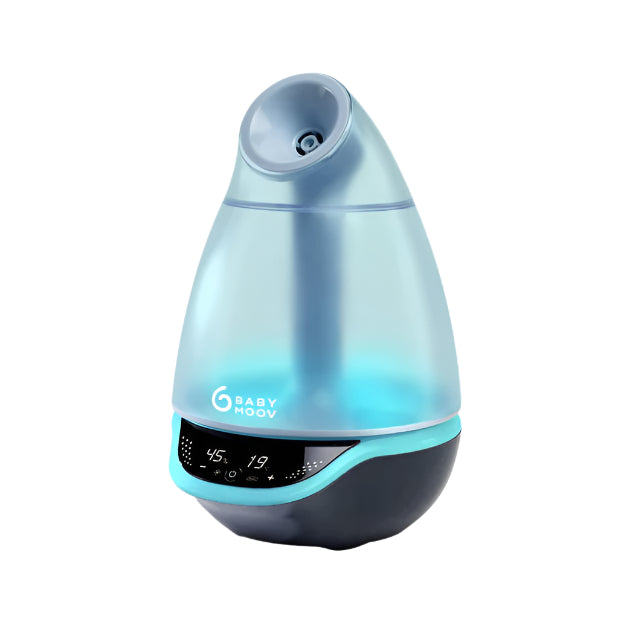 Babymoov Hygro Plus 3-In-1 baby humidifier in blue gradient with digital touch display and humidity readout.