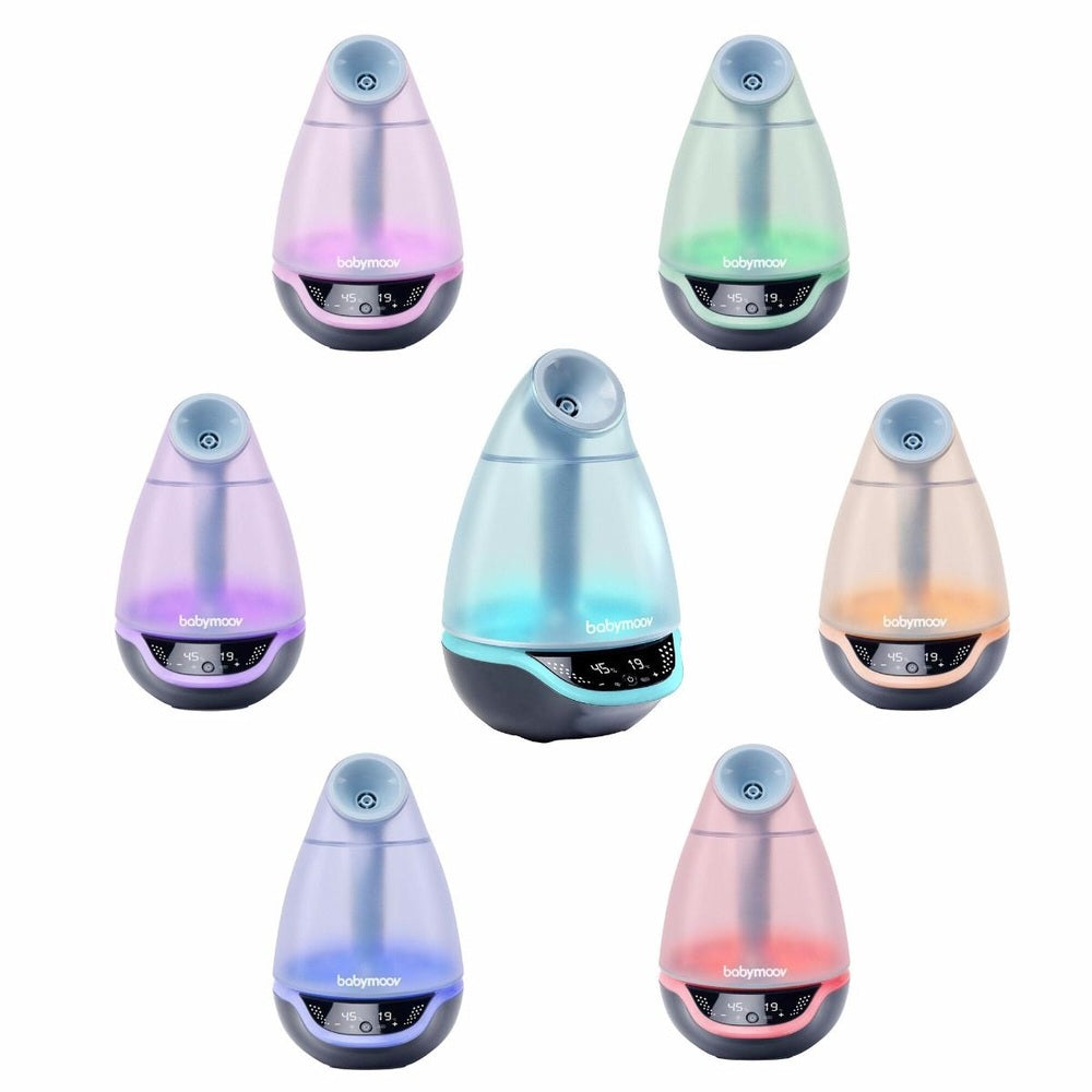 Babymoov Hygro Plus 3-In-1 Baby Humidifier set in pastel gradients, with visible digital control panels on each unit.