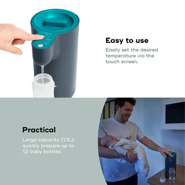 Babymoov Milky Now baby bottle warmer; teal and navy unit with touch controls for quick, easy warming.