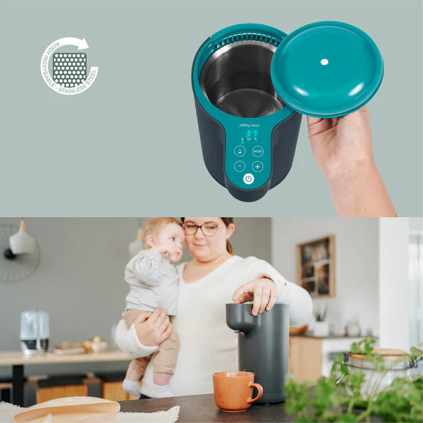 Babymoov Milky Now baby bottle warmer in teal with digital control panel