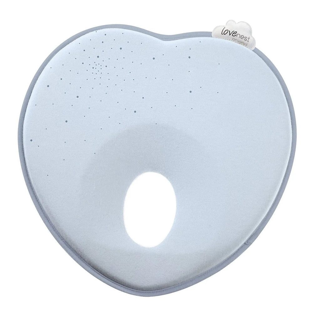 Babymoov Lovenest Pillow in light blue, curved ergonomic nursing cushion with dotted design.