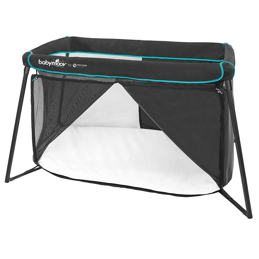 Babymoov Naos travel crib and playard in black with turquoise trim and mesh sides