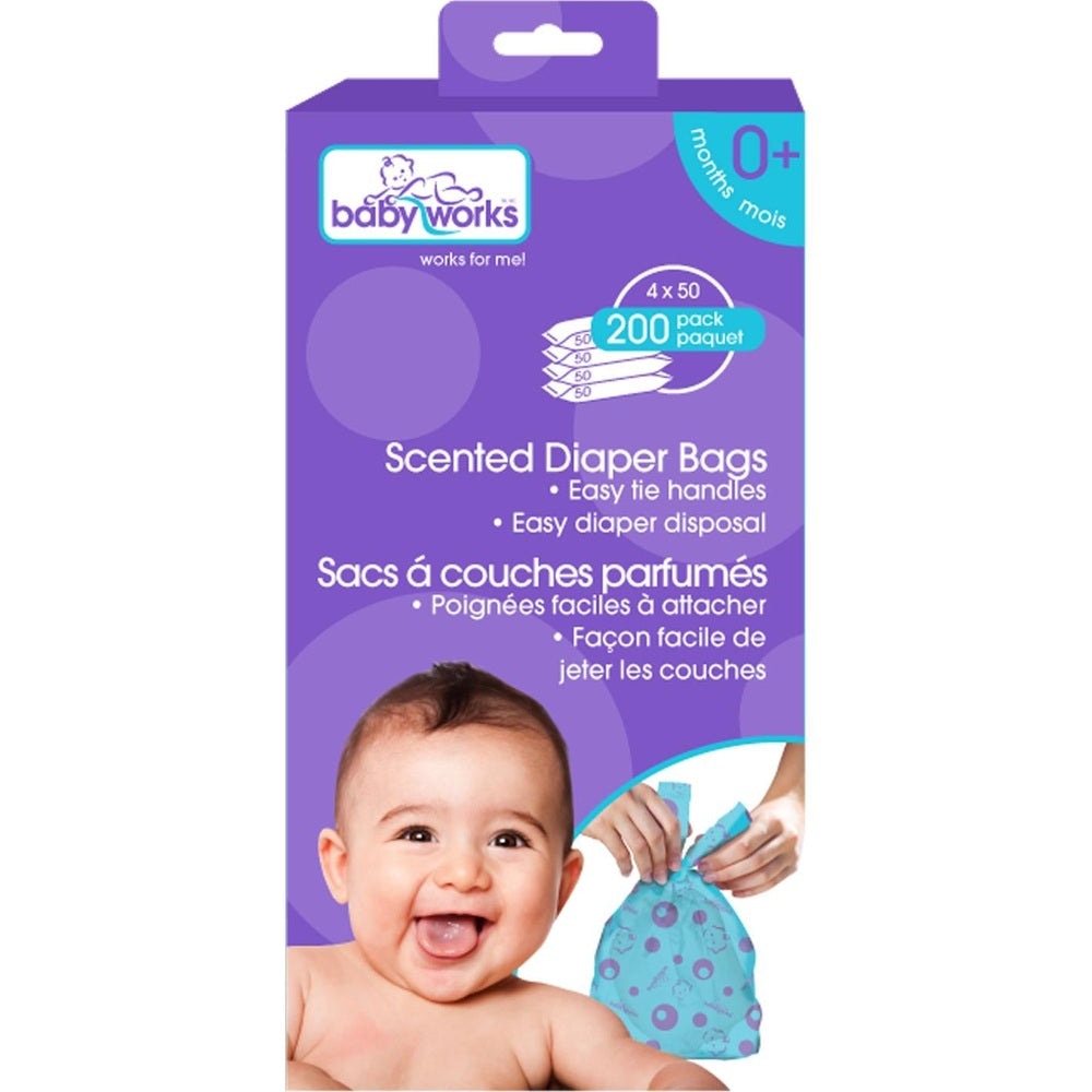 Babyworks Disposable Scented Diaper Bags 200-pack in purple packaging, hands tying an easy-tie bag beside a smiling baby.