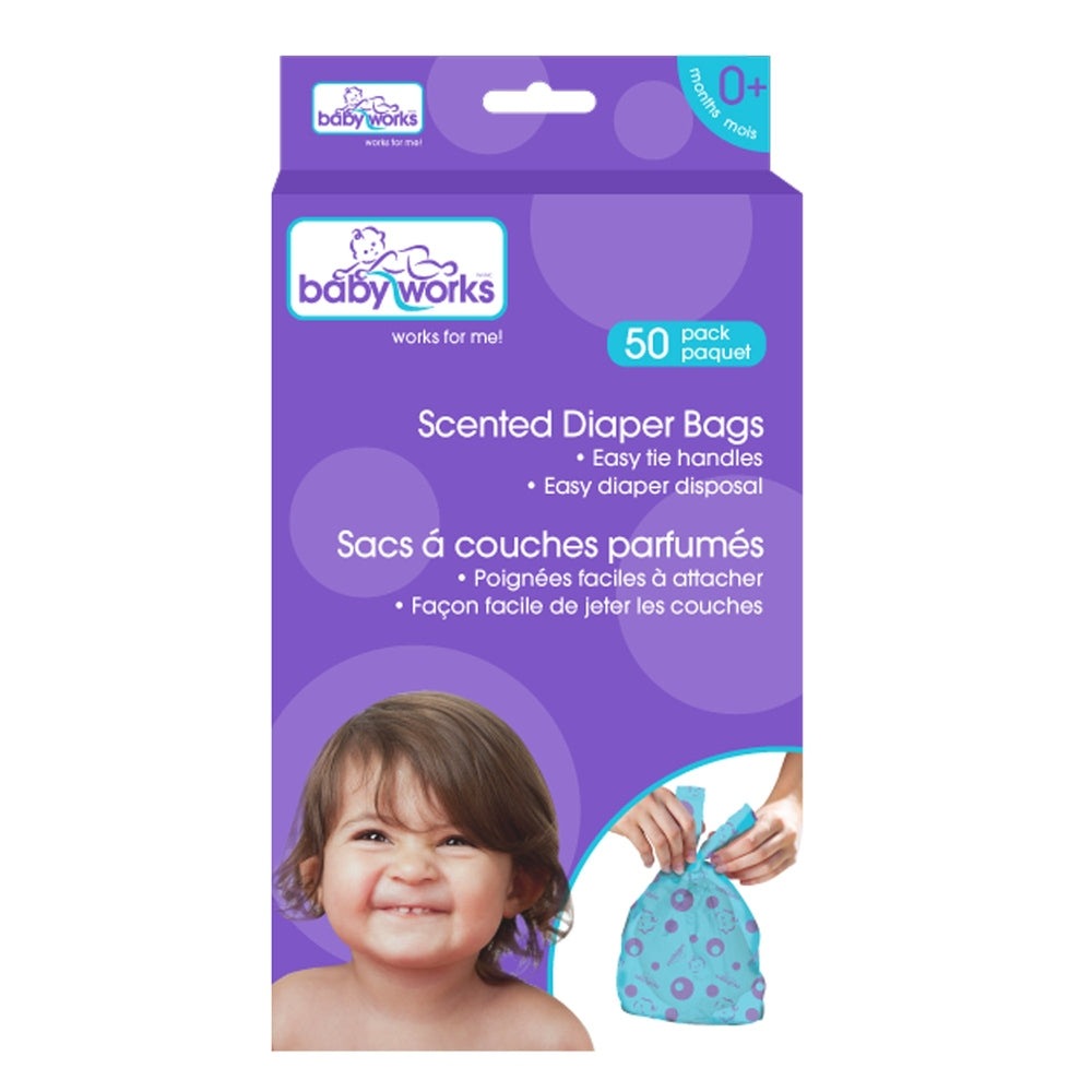 Babyworks Disposable Scented Diaper Bags 50pk in purple packaging, with a smiling toddler and hands pulling a scented bag.