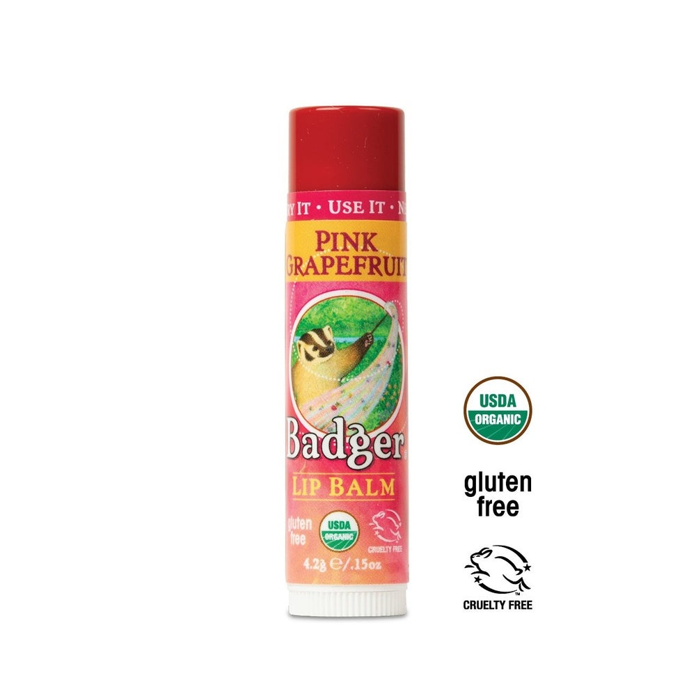 Badger Organic Pink Grapefruit Lip Balm 4.2g, gluten free and cruelty free, USDA Organic logo.