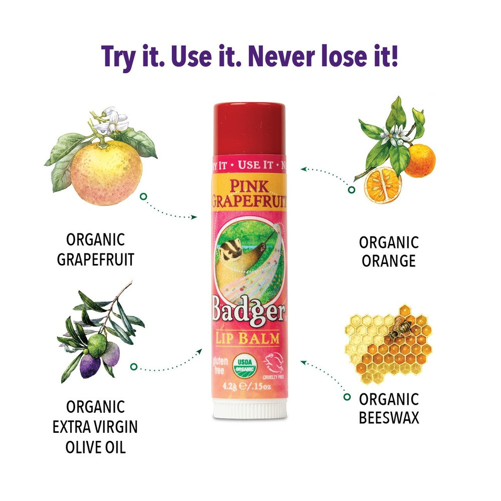 Badger Organic Pink Grapefruit Lip Balm, 4.2g, enriched with organic grapefruit, orange, olive oil and beeswax.