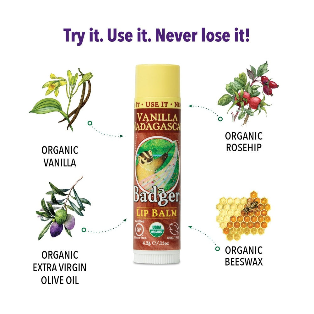 Badger Organic Vanilla Madagascar Lip Balm 4.2g with organic vanilla, rosehip, olive oil and beeswax