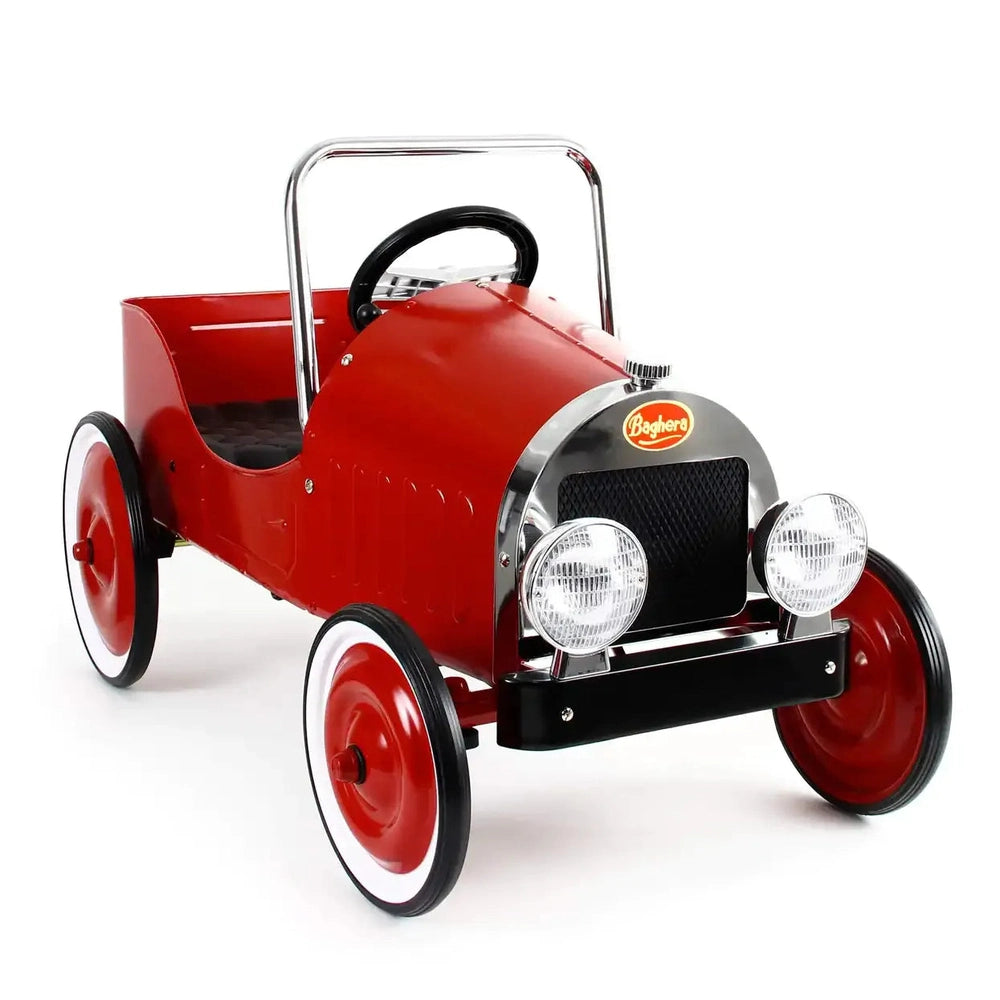 Baghera Ride-On Classic Pedal Car in red with chrome grille, dual headlights, and black steering wheel, ready to ride.