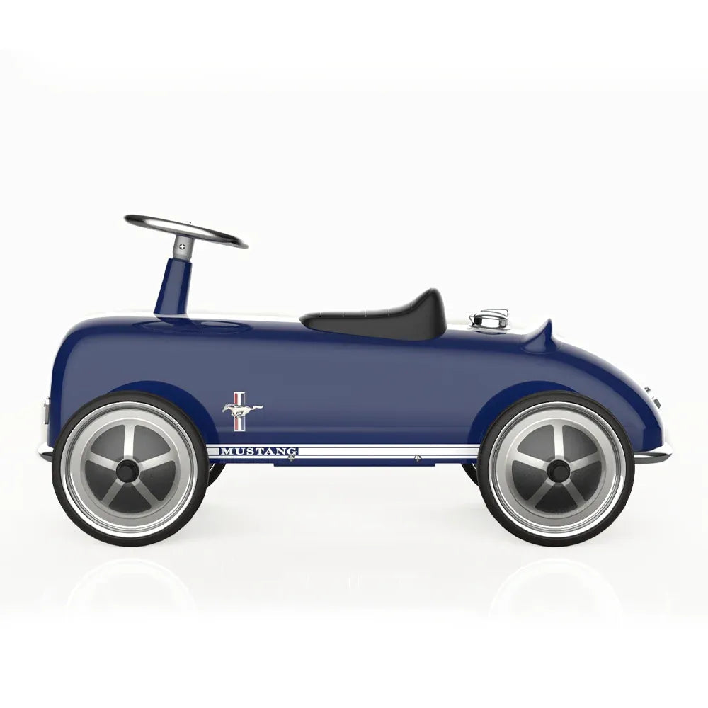 Baghera Ride-On Ford Mustang toy car in blue with steering wheel, ready for pushing.