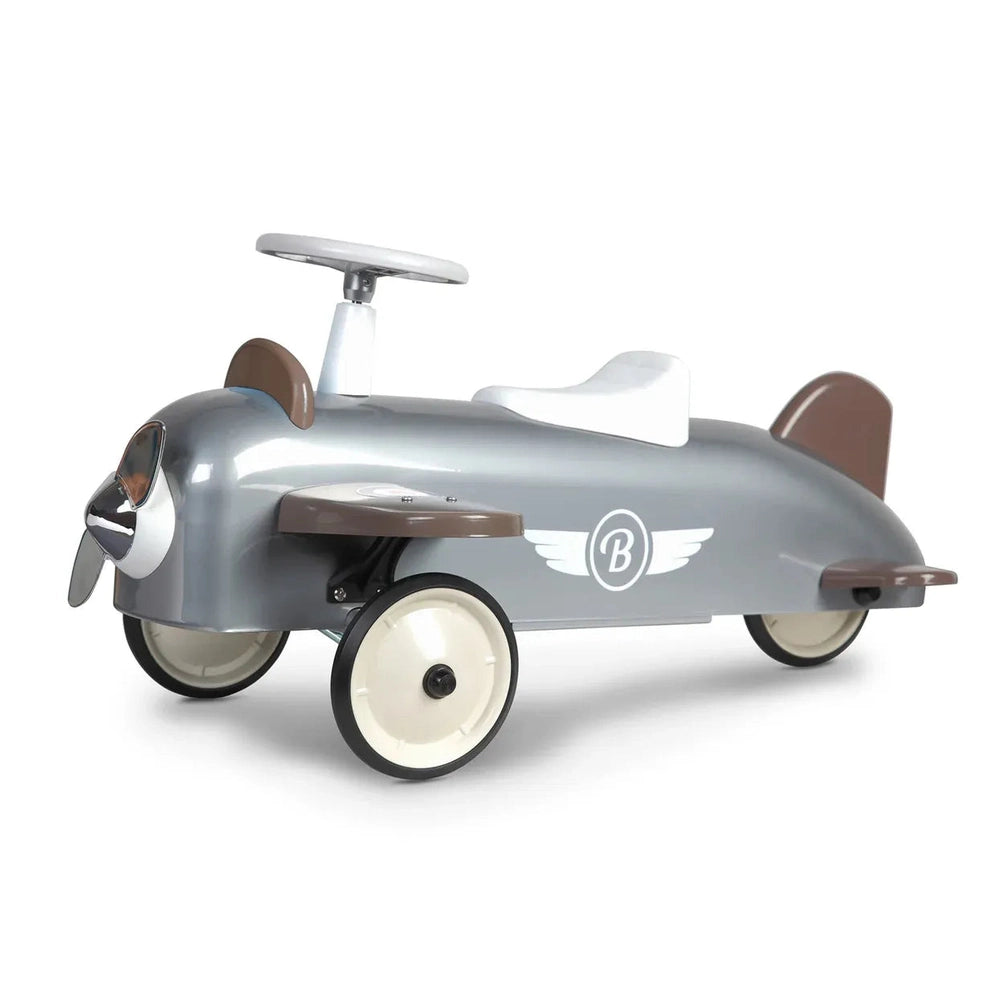 Baghera Ride-On Speedster Plane - Silver metal ride-on with white seat and steering wheel.