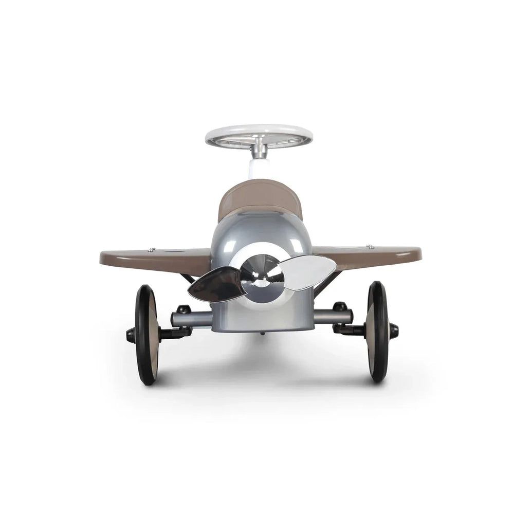 Baghera Ride-On Speedster Plane - Silver, front-facing toy airplane with propeller and brown wings.