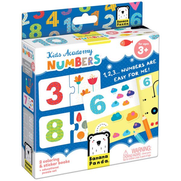 Banana Panda Kids Academy Numbers 3+ activity set with 2 coloring books, sticker sheets and educational puzzles
