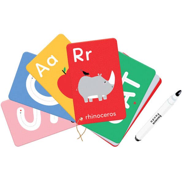 Banana Panda Let's Write and Wipe Letters flashcards set, five colorful cards with a whiteboard marker