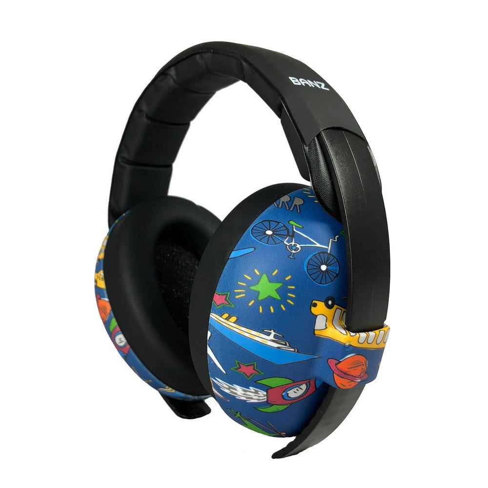 BANZ baby hearing protection earmuffs Transport blue with colorful vehicle print for 2M+
