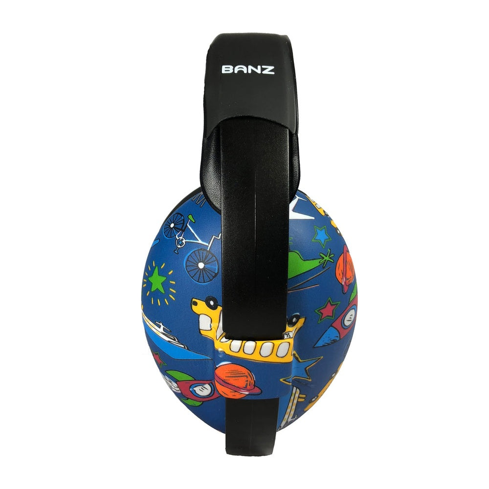 BABY ENROUTE Banz baby hearing protection earmuffs with blue transport pattern