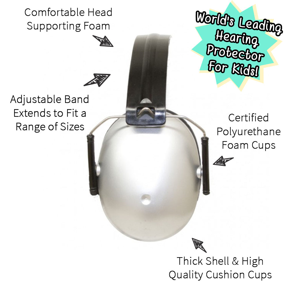 Banz Kids Hearing Protection Earmuffs, silver with adjustable headband and cushioned cups for ages 2+, BABY ENROUTE