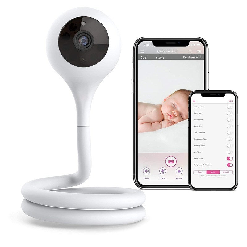 BBLUV Wifi Baby Monitor camera with flexible white spiral stand; pairs with iOS/Android app showing a sleeping baby