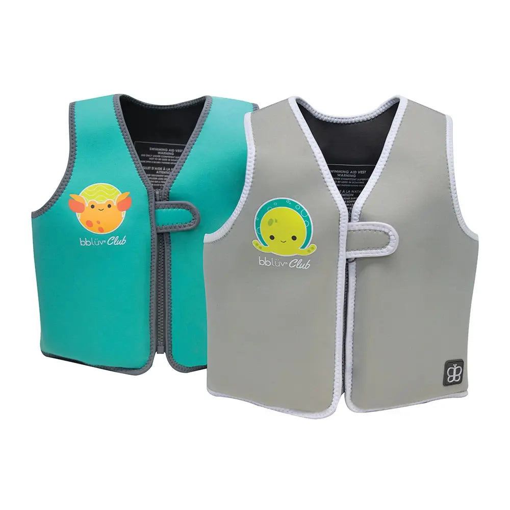 Bbluv Naj Evolutive Neoprene Swim Vest for kids; turquoise and grey two-piece set with Velcro closure demonstrated.