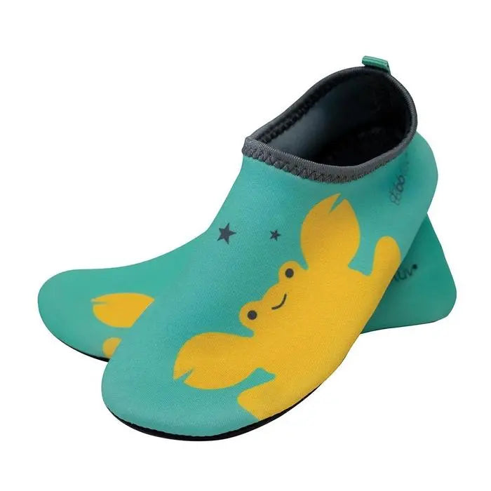BBLUV Shooz Neoprene Protective Water Shoes - Aqua, turquoise with yellow crab print, slip-on toddler swim footwear.