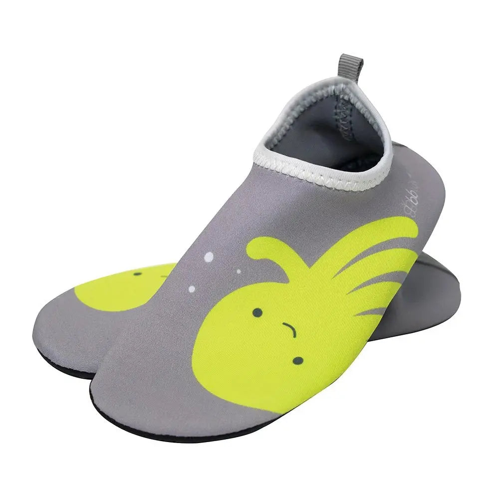 BBLUV Shooz Neoprene Protective Water Shoes - Grey with neon yellow graphic; toddler slips on for splash-ready play.
