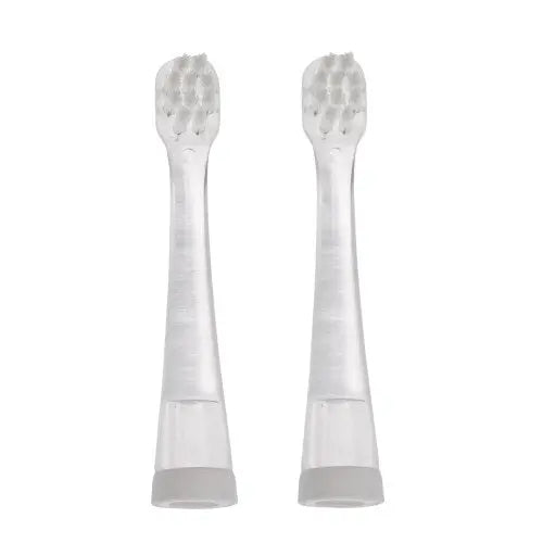 BBLUV Sonik replacement brush heads 2-pack, translucent white, shown side by side ready to attach to a sonic toothbrush.