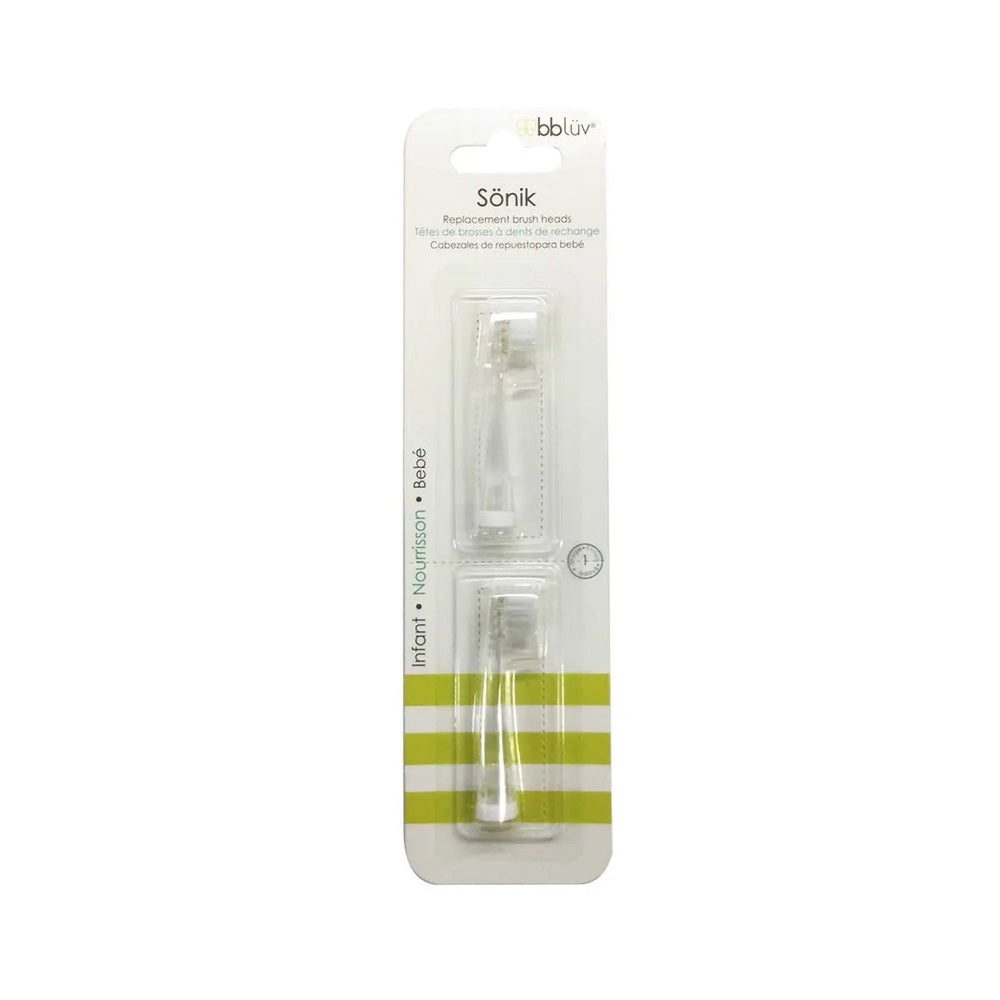 Bbluv Sonik Replacement Brush Heads 2Pk in clear blister pack, two white heads shown for replacement.