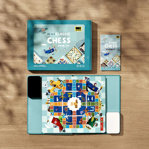 BC Babycare 15-in-1 Classic Board Game set with teal packaging and a colorful game board