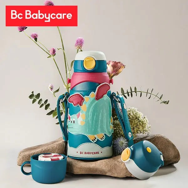 Bc Babycare 3 In 1 Vacuum Bottle 600 ml, turquoise body with yellow cap, carried by blue strap.