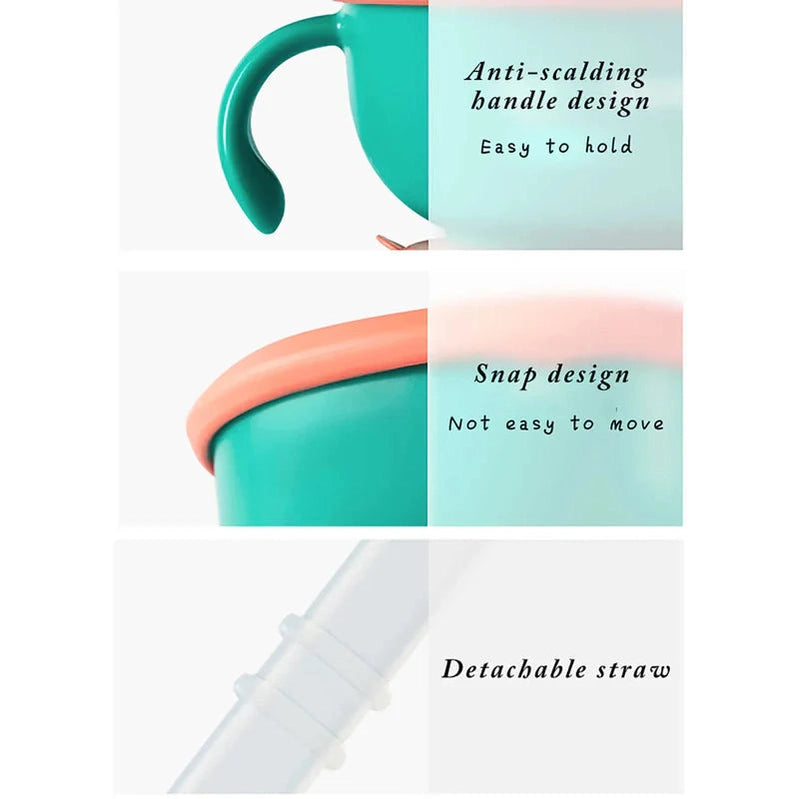 BC Babycare 3-in-1 non-slip base portable snack bowl, teal with pink rim, detachable straw