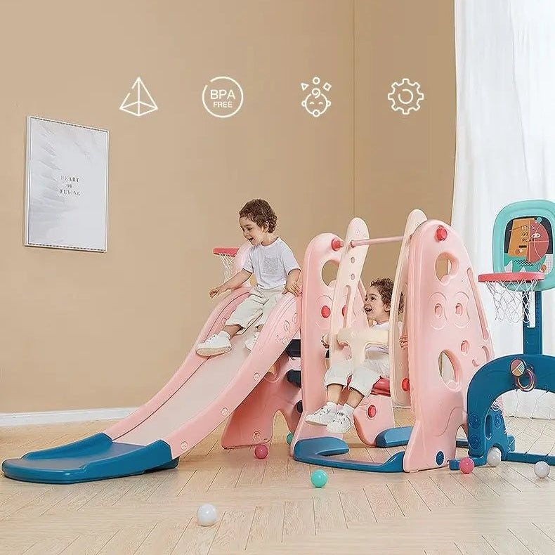 BC Babycare 5 In 1 Slide playset, pink with blue base, kids sliding and playing happily.